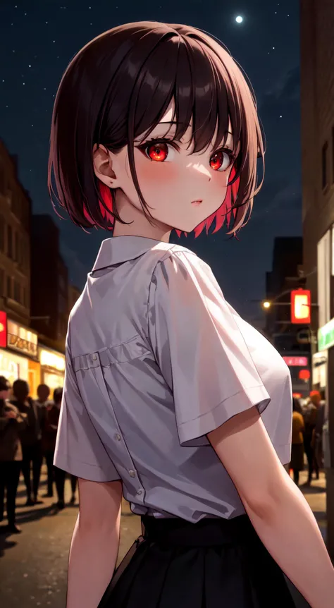 masterpiece, best quality, 1girl, short hair, bangs, red eyes, skirt, looking at viewer, night, street, neon, looking back, star \(sky\), crowd, upper body