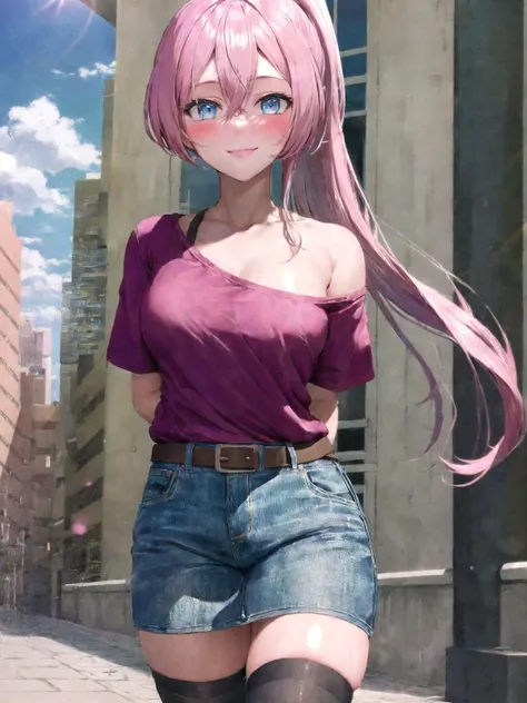 SLE, mksks style, detailed background solo, 1girl, mimori mizuha, long hair, bangs, hair between eyes, ponytail, alternate costume, casual, single bare shoulder shirt short, red shirt, denim skirt, belt, black thighhighs, smile, blush, looking at viewer, standing, arms behind back, (city, sidewalk, blue sky, clouds, sunlight), outdoors, cowboy shot, <lora:negative-e12-15:-1.5>