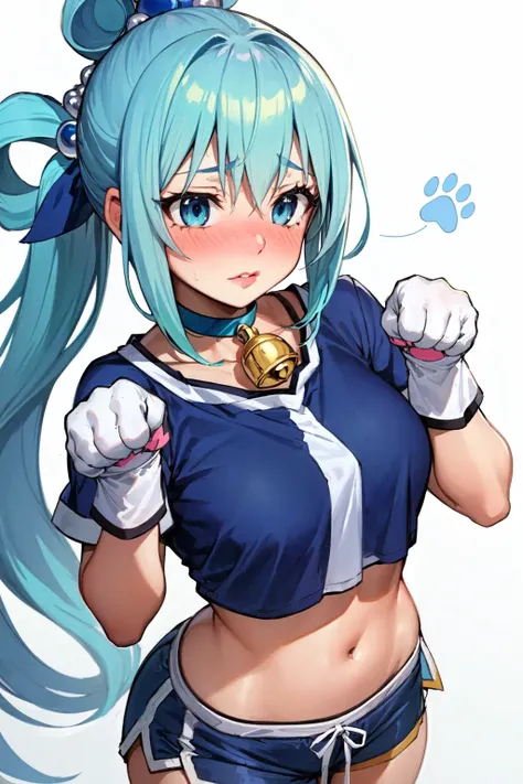 SLE, mksks style, best quality, masterpiece, detailed background, highly detailed, intricate, detailed face, long eyelashes, detailed eyes, (standing:1.1), (paw pose:1.3), (thick thighs:1.0), (medium breasts:1.0), (white background:1.3),
(one girl, 1girl:1.1), (solo:1.3), (aqua \(konosuba\):1.2), (blue eyes:1.3), (blue hair:1.2), (ponytail:1.1), (choker, neck bell:1.2), (thick lips:1.3), (fake cat ears:1.1),
(blue crop top, blue sport shorts:1.2), (paw gloves, cat paws:1.1),
(shy, embarassed, flustered:1.3),