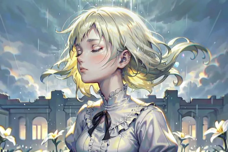 (( iosefka )), (1girl),  blonde hair, light particles, light rays, datura flowers,   [[side profile]],  (grey sky), portrait, (realistic:0.9),   closed eyes, (rain),  white gloves,    (looking at you),  wind,  sad,   v eyebrows, blurry foreground,  1girl, white dress frills,  upper body,   gothic hospital interior background,  chromatic aberration, clouds,   floating water droplets,  <lora:oilpaintingStyle_v05:0.5> <lora:peterMohrbacherStyle_v1:0.4> <lora:himehajimeStyleLocon_v10:0.4>