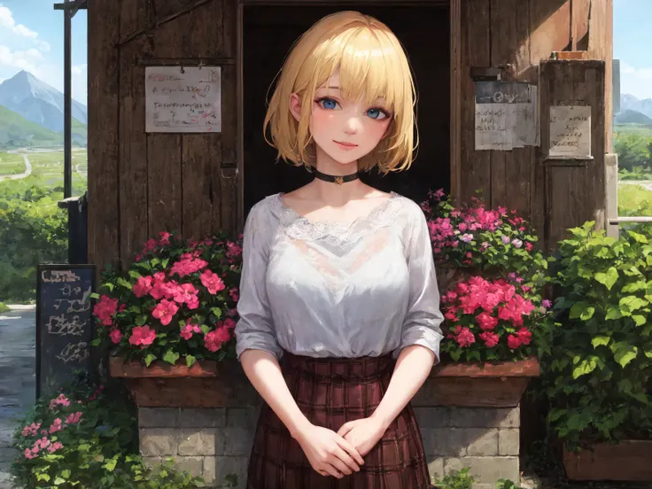 (realistic,) mature, amelia watson, virtual youtuber, short hair, blonde, choker, masterpiece, best quality, cowboy_shot, standing, realistic eyes, head tilt, smug, looking_at_viewer, mountain, holding_flowers, gentle, kind, sweet