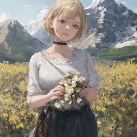 (realistic,painting_style,) mature, amelia watson, virtual youtuber, short hair, blonde, choker, masterpiece, best quality, cowboy_shot, standing, realistic eyes, head tilt, smug, looking_at_viewer, mountain, holding_flowers