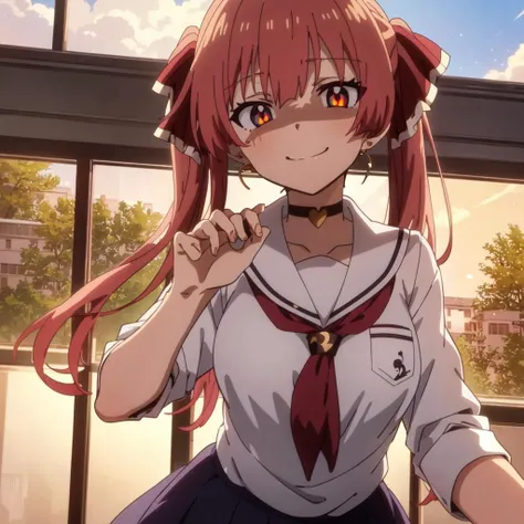 small details, ultra detailed, masterpiece, best quality, beautiful, detailed eyes,
1girl, solo, (houshou marine:1), choker, glowing eyes, medium breasts, earrings, school uniform, shaded face, round face, smile, (anime:1.4), 
school, standing, school buildings,