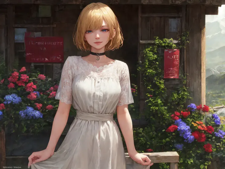 (realistic,) mature, amelia watson, virtual youtuber, short hair, blonde, choker, masterpiece, best quality, cowboy_shot, standing, realistic eyes, head tilt, smug, looking_at_viewer, mountain, holding_flowers, gentle, kind, sweet