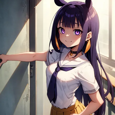 small details, ultra detailed, masterpiece, best quality, beautiful, detailed eyes,
1girl, solo, (ninomae ina'nis:1), choker, glowing eyes, medium breasts, earrings, school uniform, shaded face, round face, smile, (anime:1.4),
school, standing, school buildings,