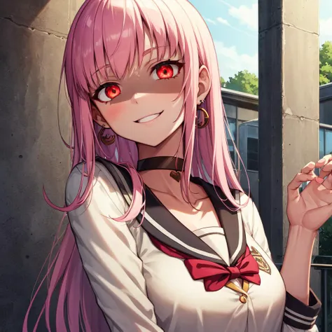 small details, ultra detailed, masterpiece, best quality, beautiful, detailed eyes,
1girl, solo, (mori calliope:1), choker, glowing eyes, medium breasts, earrings, school uniform, shaded face, round face, smile, 
school, standing, school buildings,