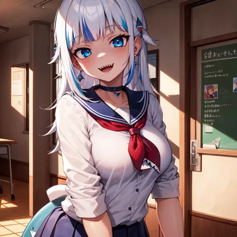 small details, ultra detailed, masterpiece, best quality, beautiful, detailed eyes,
1girl, solo, (gawr gura:1), choker, glowing eyes, medium breasts, earrings, school uniform, shaded face, round face, smile,  shark teeth, fangs, big breasts, blue eyes, 
school, standing, school buildings,