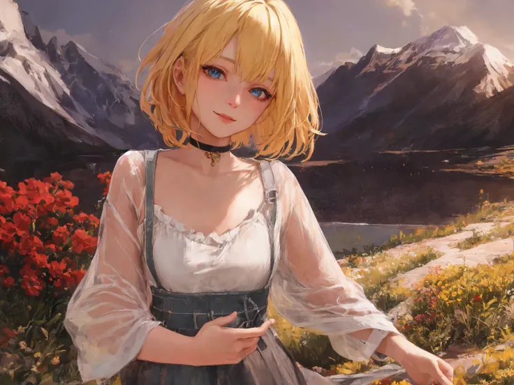 (realistic,) mature, amelia watson, virtual youtuber, short hair, blonde, choker, masterpiece, best quality, cowboy_shot, standing, realistic eyes, head tilt, smug, looking_at_viewer, mountain, holding_flowers, gentle, kind, sweet