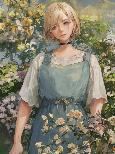 (realistic,painting_style,) mature, amelia watson, virtual youtuber, short hair, blonde, choker, masterpiece, best quality, cowboy_shot, standing, realistic eyes, head tilt, smug, looking_at_viewer, mountain, holding_flowers