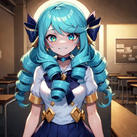 small details, ultra detailed, masterpiece, best quality, beautiful, detailed eyes,
1girl, (gwen:1), choker, drill hair, green eyes, glowing eyes, medium breasts, earrings, school uniform, shaded face, round face, smile,
school, standing, school buildings,