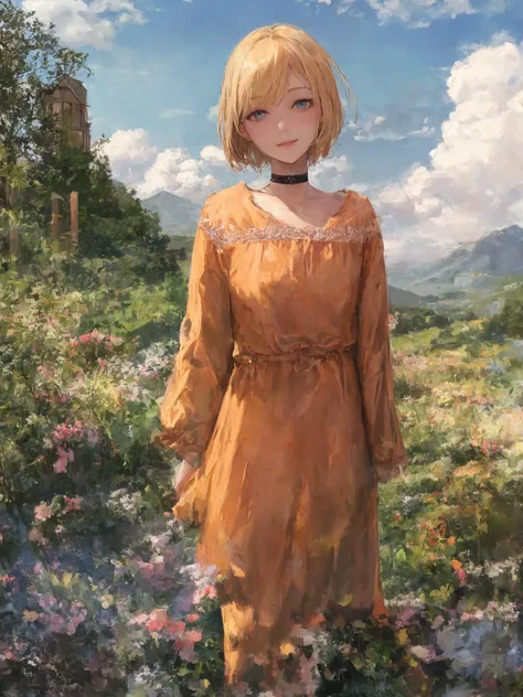 (realistic,painting_style,)mature, 1girl, solo, ,Full body shot, poster, amelia watson, virtual youtuber,blonde hair, blue eyes, choker, flower, short hair, realistic eyes, head tilt, smug, looking_at_viewer, sky, mountain, outdoors, cloud, bangs, upper body, pink flower, collarbone, orange shirt, parted lips, lips, lace trim, smile, black choker, mountainous horizon, cloudy sky, standing, holding_flowers