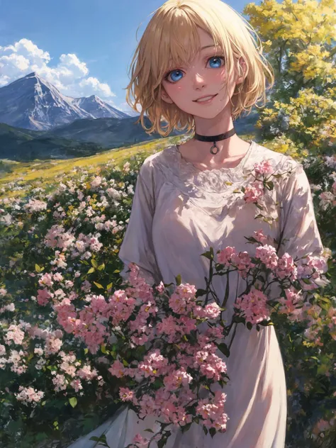 (realistic,painting_style,) mature, amelia watson, virtual youtuber, short hair, blonde, choker, masterpiece, best quality, cowboy_shot, standing, realistic eyes, head tilt, smug, looking_at_viewer, mountain, holding_flowers,blue eyes,A happy smile