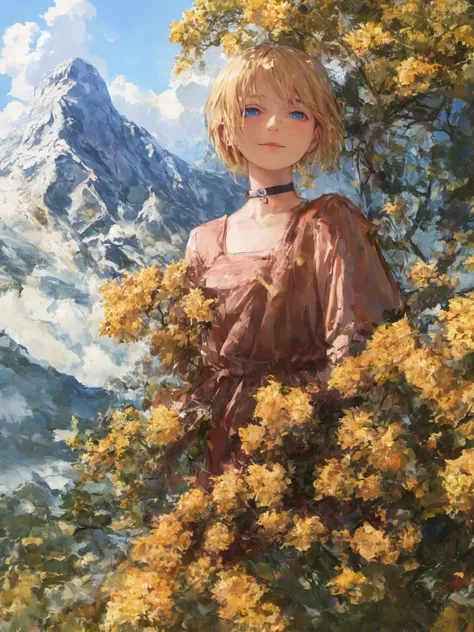 (realistic,painting_style,) mature, amelia watson, virtual youtuber, short hair, blonde, choker, masterpiece, best quality, cowboy_shot, standing, realistic eyes, head tilt, smug, looking_at_viewer, mountain, holding_flowers,blue eyes