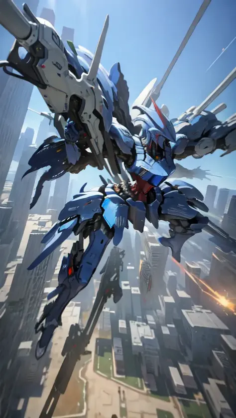 mech warrior, ginat robot, machine, bulky, strong, massive, realistic guns, machine guns, dystopian desert world, destroyed buildings, warzone, robot war, (Beam rifle fire:1.5), (Robot flying in the air:1.5), mecha, masterpiece, 8k, blender render, concept art, high definition, artstation, masterpiece, mechanical design, v-fin, absurdres, photorealism, detaield head structure, insanely detailed, hard surface modelling, unreal engine, missile strike, cinematic, studio made, smooth lighting, sharp focus, close up, gigantic, warframe, gundam, <lora:LoRa_SD1_FSS-MH_a1:0.7>, FSS-MH, msgirl girl, <lora:msgirlLora_v20:0.8>, holding weapon,(holding huge gun:2), holding large shield, (long leg), Rocket on my back ,