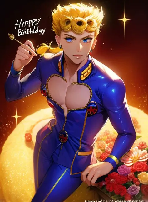 realism, perfect nose, handsome, ((giornojojo)), <lora:giornojojo:0.9> perfect lighting, detailed, blonde hair, male focus, 1boy, male, pectoral cleavage, masterpiece, best quality, (solo), legs, detailed hands, (blue eyes), braid, earrings, highres, hq, hq, illustration, long sleeves, aesthetic, ladybugs, hq artwork, hyperdetailed background, amazing detail, looking_at_viewer, <lora:FashionMagazineStyle_v10:0.8> sparkles, pretty, magical, floating sparkle, stars, cutesy, lips, watawata nr (siroraku), k (kktkk), halfbody, birthday, birthday cake, party, cute, kawaii