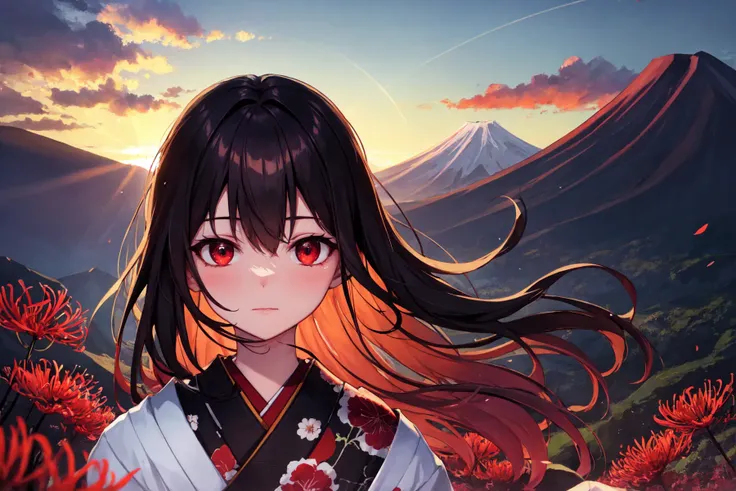 BREAK (SLE:1.2, detailed background),mountain fuji, field of red spider lilies,(house), aesthetic, background, wind's howling, smooth, soft, god_rays, volumetric, sunset, specular highlights : beautiful lighting : volumetric lighting,
BREAK 1girl, long hair, black hair, japanese clothes, sitting, weapon,sword, floating hair, sash, kimono, mountain background, fuji mountain, cherry blossom, colorful, vivid, masterpiece, best quality, detailed eyes, red eyes, close up, portrait,
BREAK (crimson dragon, majestic, red theme), wings,