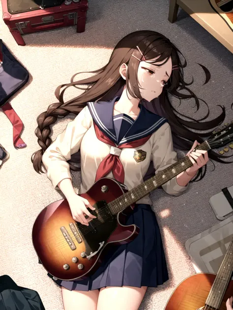 (masterpiece:1.2), pastel_style, detailed, close-up, best shading, official artwork, volumetric lighting, light particles, (from_above:1.5), (dim light), (grey_theme), fog, cinematic, (official_art), soft lighting
BREAK
indoors, living room, undressing, (holding_instrument, guitar:1.3), (clutter:1.5), (book:0.5), (surrounded by clutter), (carpet:1.2), (cable), instrument_case, (looking_away:1.2)
BREAK
young woman lying on side, crying, tears, on_side, (looking_to_the_side), on_floor, brown hair, (hairclip), school uniform, teenage, brown eyes, long hair, single braid, school_uniform, skirt, (half-closed eyes)
