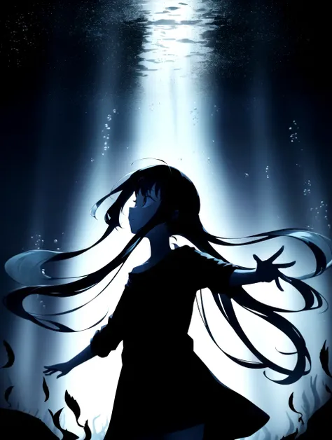(masterpiece), beautiful, shimmer, glimmer, dark, black, dim light, night, cinematic, illustration
(underwater view of the surface), 1girl, (young woman in the distance floating underwater), (looking_up), reaching out, long hair, silhouette, flat_color
AND Pitch black, darkness, (stars:0.5), lights in the distance:0.6