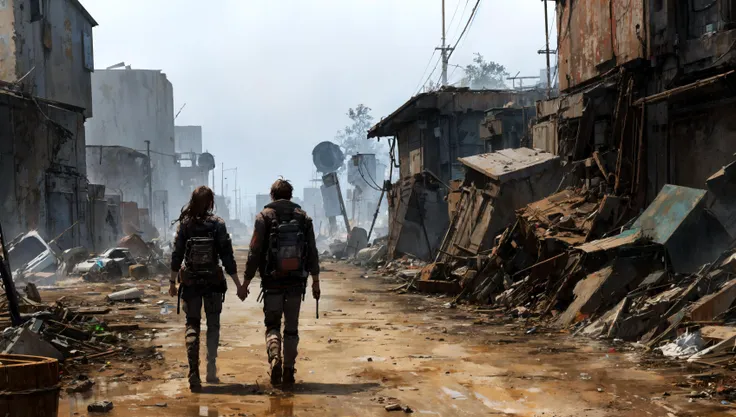 masterpiece, (detailed), cyberpunk, sketch, (post-apocalypse)
BREAK
expansive view of a countryside, people walking down a muddy path at the base of a hill holding hands, (distant:1.3) city, day, hill, detailed junk and ancient machines, wind, dust, trash,
BREAK
(1boy, 1girl), (close-up), holding hands, black hair, brown hair, scavengers outfit, smile, laughing, looking back,
