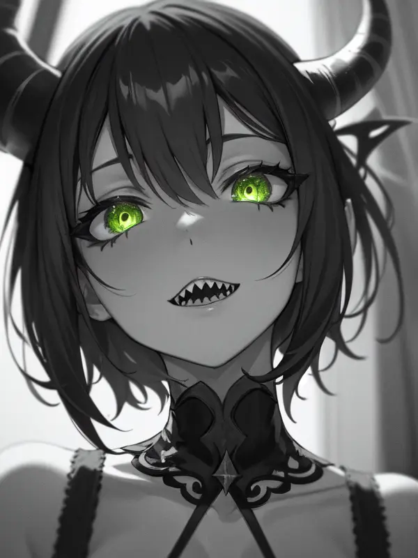 monochrome green style, close up, 1girl, demon girl, horns, sharp teeth, lime colored eyes, looking at viewer, 
hard lighting, best quality, intricate, highly detailed, masterpiece,