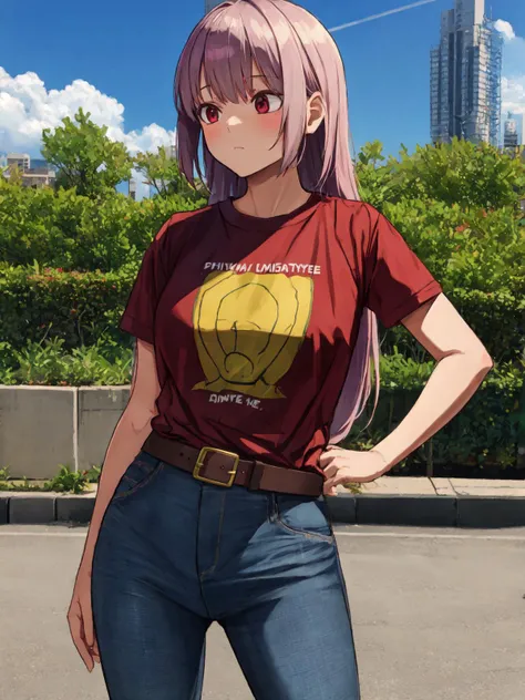 SLE, mksks style, detailed background nadegata, solo, 1girl, florence nightingale, hair down, very long hair, red shirt, t-shirt, short sleeves, print shirt, jeans, belt, looking away, hand on hip, contrapposto, expressionless, cowboy shot, city, sidewalk, blue sky, clouds, sunlight, outdoors