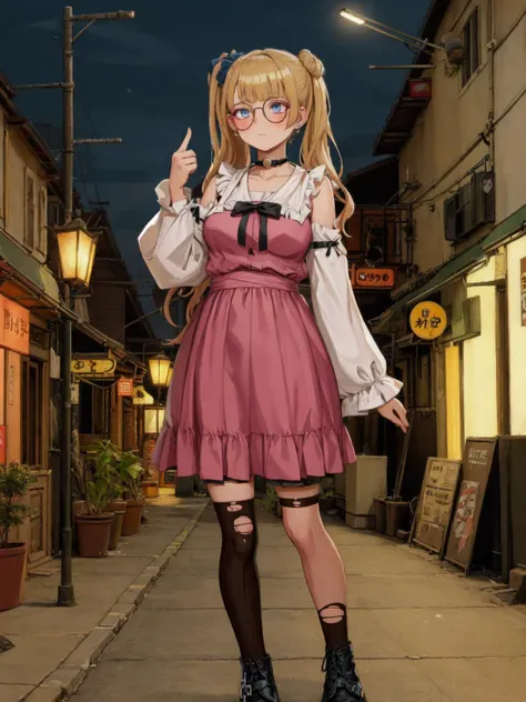 SLE, mksks style, detailed background nadegata, solo, 1girl, galkoo, oshitegalko, twintails, circle-glasses, choker, ear piercing, earrings, jirai fashion, pink dress, black bow, detached sleeves, wide sleeves, frilled dress, frills, chain, black thighhighs, torn legwear, black boots, standing, looking away, expressionless, full body, city, sidewalk, lamppost, night, city lights, outdoors