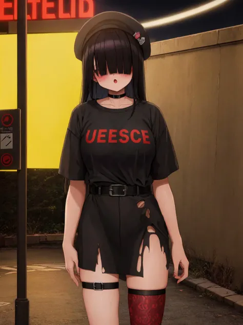 SLE, mksks style, detailed background nadegata, solo, 1girl, justice committee club member \(blue archive\), blue archive, black hair, blunt bangs, hair over eyes, red eyes, black choker, red headwear, black shirt, torn shirt, (oversized shirt, oversized clothes), short sleeves, clothes writing, print shirt, belt, single thighhigh, red legwear, single thigh strap, looking at viewer, blush, :o, standing, cowboy shot, city, sidewalk, night, neon lights, lamppost, outdoors