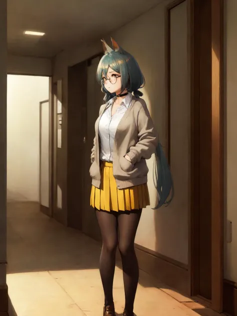 SLE, mksks style, detailed background realistic background, full body
BREAK solo, 1girl, hatakaze,
BREAK default, low twintails, ginkgo leaf, on head, hair ornament, glasses, round eyewear, black choker, school uniform, cardigan, open cardigan, white shirt, yellow skirt, pleated skirt, black pantyhose, loafers,
BREAK standing, looking away, expressionless, against wall, looking to the side,
BREAK school, hallway, wall, window, trees, autumn leaves, falling leaves,
