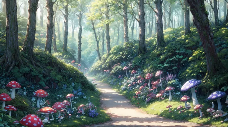 ((mksks style)), forest, tree, hill, fairytale, large trees, ((blue and purple mushroom)), moss, (outdoors), (flowers), perfect butterflies, (scenery), colorful, comforting, welcoming, ((no humans)), (Best quality), (Extremely Detailed CG Unity 8k Wallpaper), (high resolution), (Best background details:1.36)  <lora:add_detail:1>