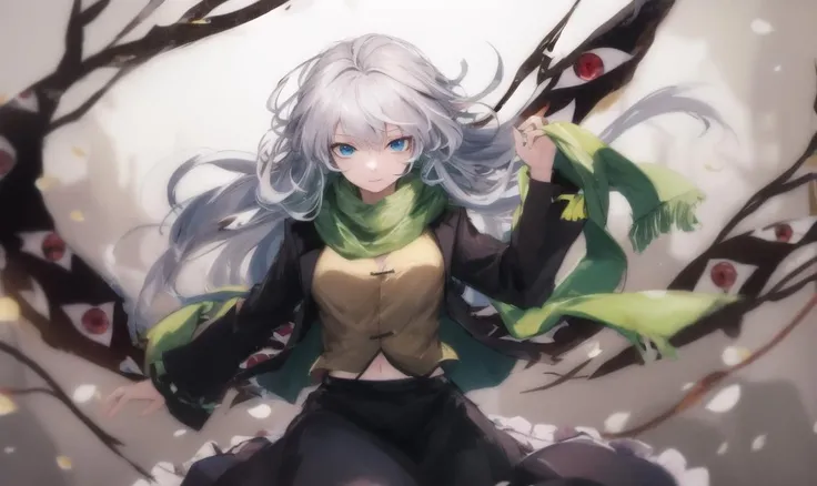 masterpiece, top quality, 1 puppet girl, light green hair, black crow mask, emotionless, fine eye detail, intricate detail, (style-pixiv:0,8), portrait, (thread :0,7 ), solo, full body shot, background detail, (the wind blows with threads: 1.1) dynamic fly pose, puppet, pentagram, dark green ragged hood and cloak suit, medieval, abyss of darkness in the background