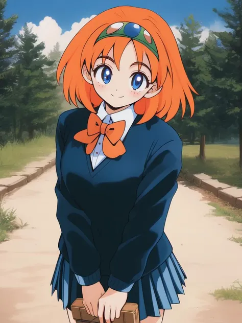 Anime girl with orange hair and blue eyes holding a brown purse - SeaArt AI