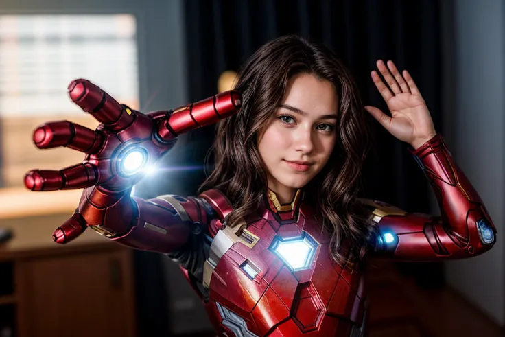 Marvel movies,photo of a 18 year old girl,ironman,waving hands,happy,looking at viewer,ray tracing,detail shadow,shot on Fujifilm X-T4,85mm f1.2,depth of field,blurry background,bokeh,motion blur,<lora:add_detail:1>,