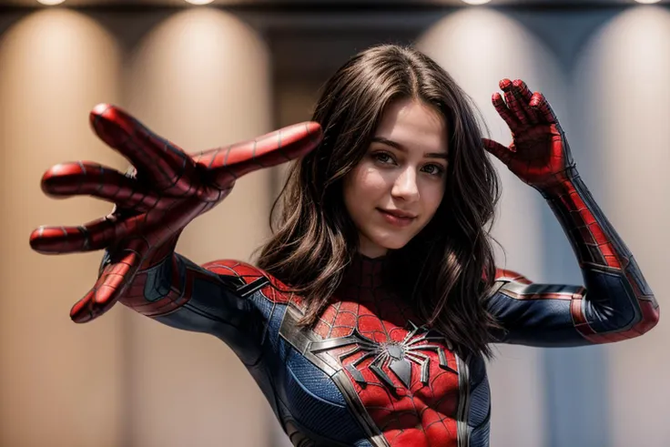 Marvel s,photo of a 18 year old girl,spiderman,waving hands,happy,looking at viewer,ray tracing,detail shadow,shot on Fujifilm X-T4,85mm f1.2,depth of field,blurry background,bokeh,motion blur,<lora:add_detail:1>,