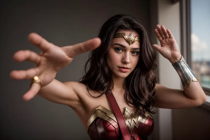 DC movies,photo of a 18 year old girl,wonder woman,waving hands,happy,looking at viewer,ray tracing,detail shadow,shot on Fujifilm X-T4,85mm f1.2,depth of field,blurry background,bokeh,motion blur,<lora:add_detail:1>,