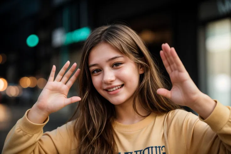 photo of a 18 year old girl,waving hands,happy,laughing,ray tracing,detail shadow,shot on Fujifilm X-T4,85mm f1.2,depth of field,bokeh,motion blur,<lora:add_detail:1>,