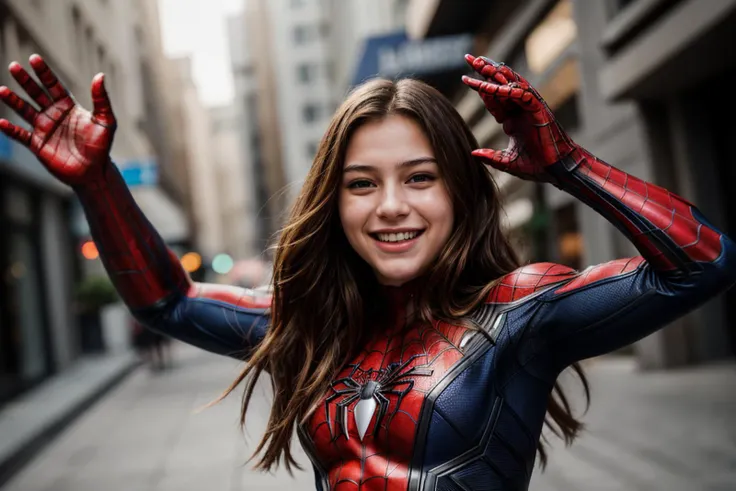 Marvel movies,photo of a 18 year old girl,spiderman,happy,laughing,waving hands,ray tracing,detail shadow,shot on Fujifilm X-T4,85mm f1.2,sharp focus,depth of field,blurry background,bokeh,lens flare,motion blur,<lora:add_detail:1>,