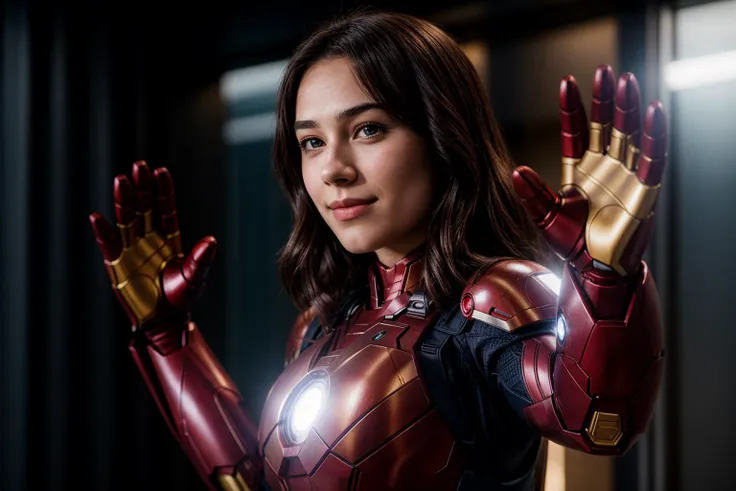 Marvel movies,photo of a 18 year old girl,ironman,waving hands,happy,ray tracing,detail shadow,shot on Fujifilm X-T4,85mm f1.2,depth of field,bokeh,motion blur,<lora:add_detail:1>,