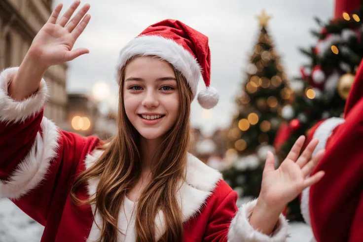 photo of a 18 year old girl,waving hands,happy,laughing,Santa Clausâs outfit,Red Coat,Red Hat,White Gloves,christmas theme,Christmas tree,ray tracing,detail shadow,shot on Fujifilm X-T4,85mm f1.2,depth of field,bokeh,motion blur,<lora:add_detail:1>,