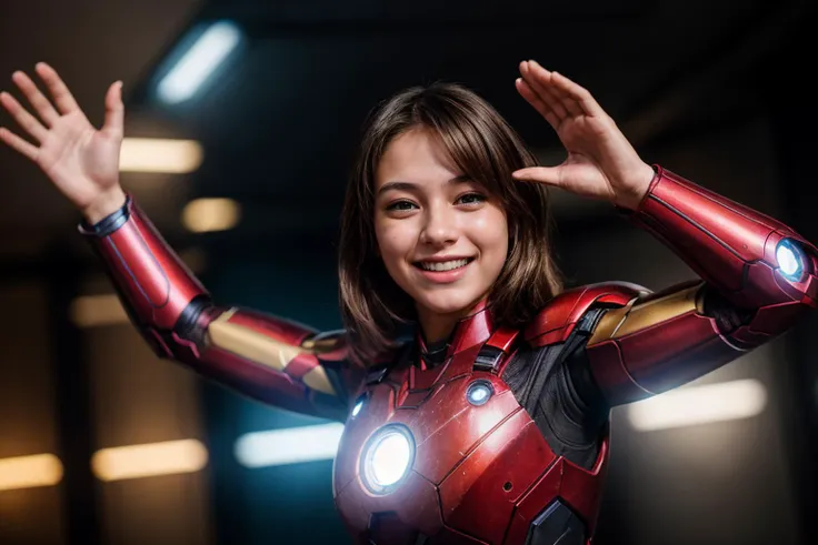 Marvel movies,photo of a 18 year old girl,ironman,happy,laughing,waving hands,ray tracing,detail shadow,shot on Fujifilm X-T4,85mm f1.2,sharp focus,depth of field,blurry background,bokeh,lens flare,motion blur,<lora:add_detail:1>,