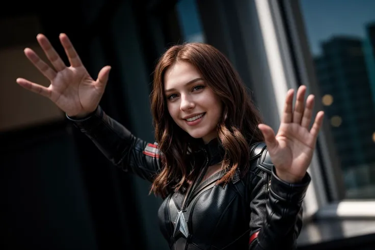 Marvel movies,photo of a 18 year old girl,black widow,waving hands,happy,laughing,ray tracing,detail shadow,shot on Fujifilm X-T4,85mm f1.2,depth of field,blurry background,bokeh,motion blur,<lora:add_detail:1>,