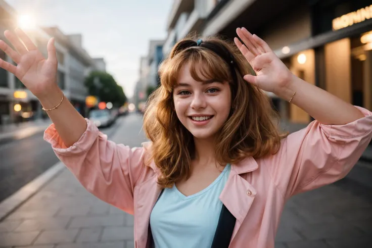 1980s,photo of a 18 year old girl,happy,laughing,waving hands,ray tracing,detail shadow,shot on Fujifilm X-T4,85mm f1.2,sharp focus,depth of field,blurry background,bokeh,lens flare,motion blur,<lora:add_detail:1>,