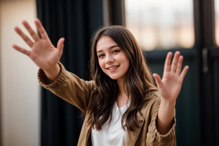 photo of a 18 year old girl,waving hands,happy,laughing,ray tracing,detail shadow,shot on Fujifilm X-T4,85mm f1.2,depth of field,blurry background,bokeh,motion blur,<lora:add_detail:1>,