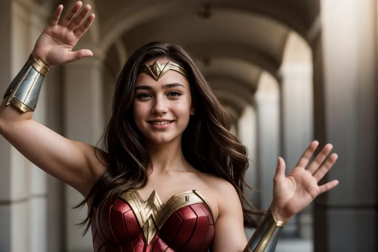 DC movies,photo of a 18 year old girl,wonder woman,waving hands,happy,laughing,ray tracing,detail shadow,shot on Fujifilm X-T4,85mm f1.2,depth of field,bokeh,motion blur,<lora:add_detail:1>,