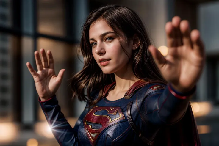 DC movies,photo of a 18 year old girl,supergirl,waving hands,happy,ray tracing,detail shadow,shot on Fujifilm X-T4,85mm f1.2,depth of field,bokeh,motion blur,<lora:add_detail:1>,