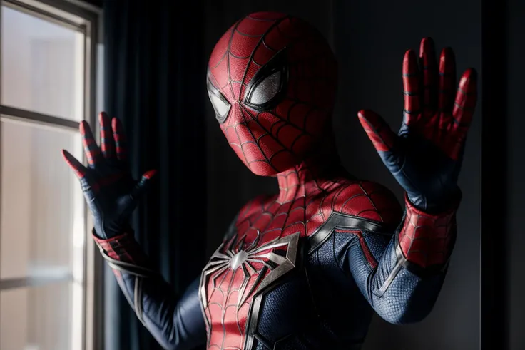 Marvel s,photo of a 18 year old girl,spiderman,waving hands,happy,ray tracing,detail shadow,shot on Fujifilm X-T4,85mm f1.2,depth of field,bokeh,motion blur,<lora:add_detail:1>,