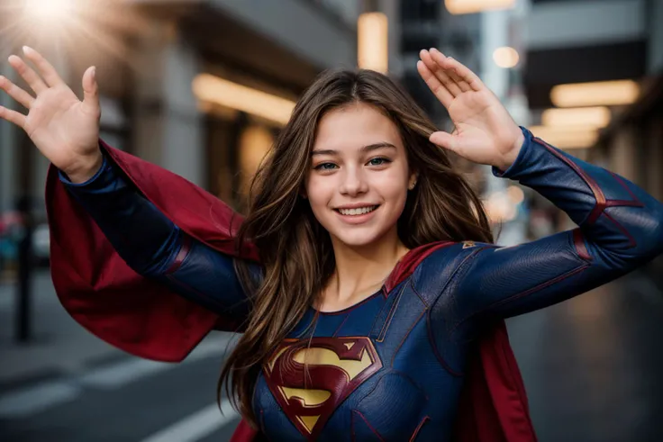 DC movies,photo of a 18 year old girl,supergirl,happy,laughing,waving hands,ray tracing,detail shadow,shot on Fujifilm X-T4,85mm f1.2,sharp focus,depth of field,blurry background,bokeh,lens flare,motion blur,<lora:add_detail:1>,