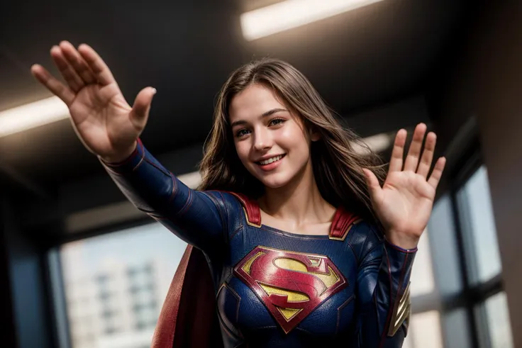 DC movies,photo of a 18 year old girl,supergirl,waving hands,happy,laughing,ray tracing,detail shadow,shot on Fujifilm X-T4,85mm f1.2,depth of field,blurry background,bokeh,motion blur,<lora:add_detail:1>,