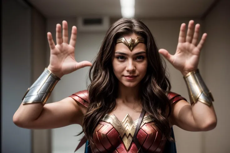 DC movie,front view,photo of a 18 year old girl,wonder woman,waving hands,happy,laughing,ray tracing,detail shadow,shot on Fujifilm X-T4,85mm f1.2,depth of field,bokeh,motion blur,<lora:add_detail:1>,