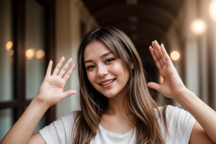 photo of a 25 year old girl,waving hands,happy,laughing,ray tracing,detail shadow,shot on Fujifilm X-T4,85mm f1.2,depth of field,bokeh,motion blur,<lora:add_detail:1>,