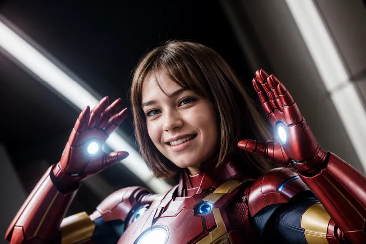 Marvel movies,photo of a 18 year old girl,ironman,waving hands,happy,laughing,ray tracing,detail shadow,shot on Fujifilm X-T4,85mm f1.2,depth of field,bokeh,motion blur,<lora:add_detail:1>,